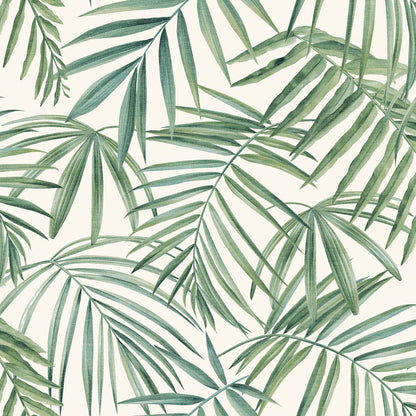 Green tropical palm leaves wallpaper with overlapping fronds on a light background.