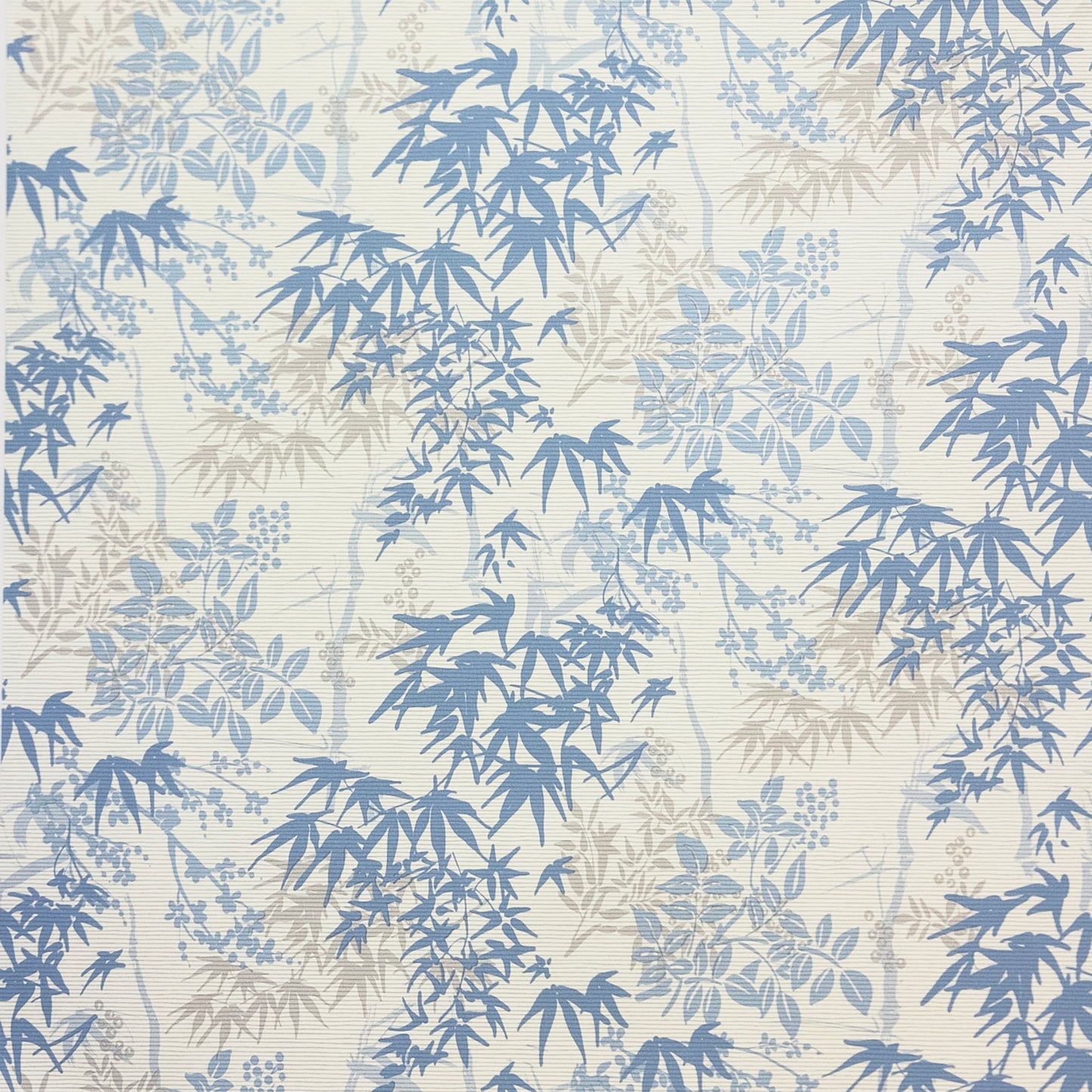 Blue bamboo leaf pattern on pale beige background; botanical wallpaper print.