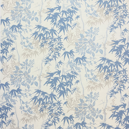 Blue bamboo leaf pattern on pale beige background; botanical wallpaper print.