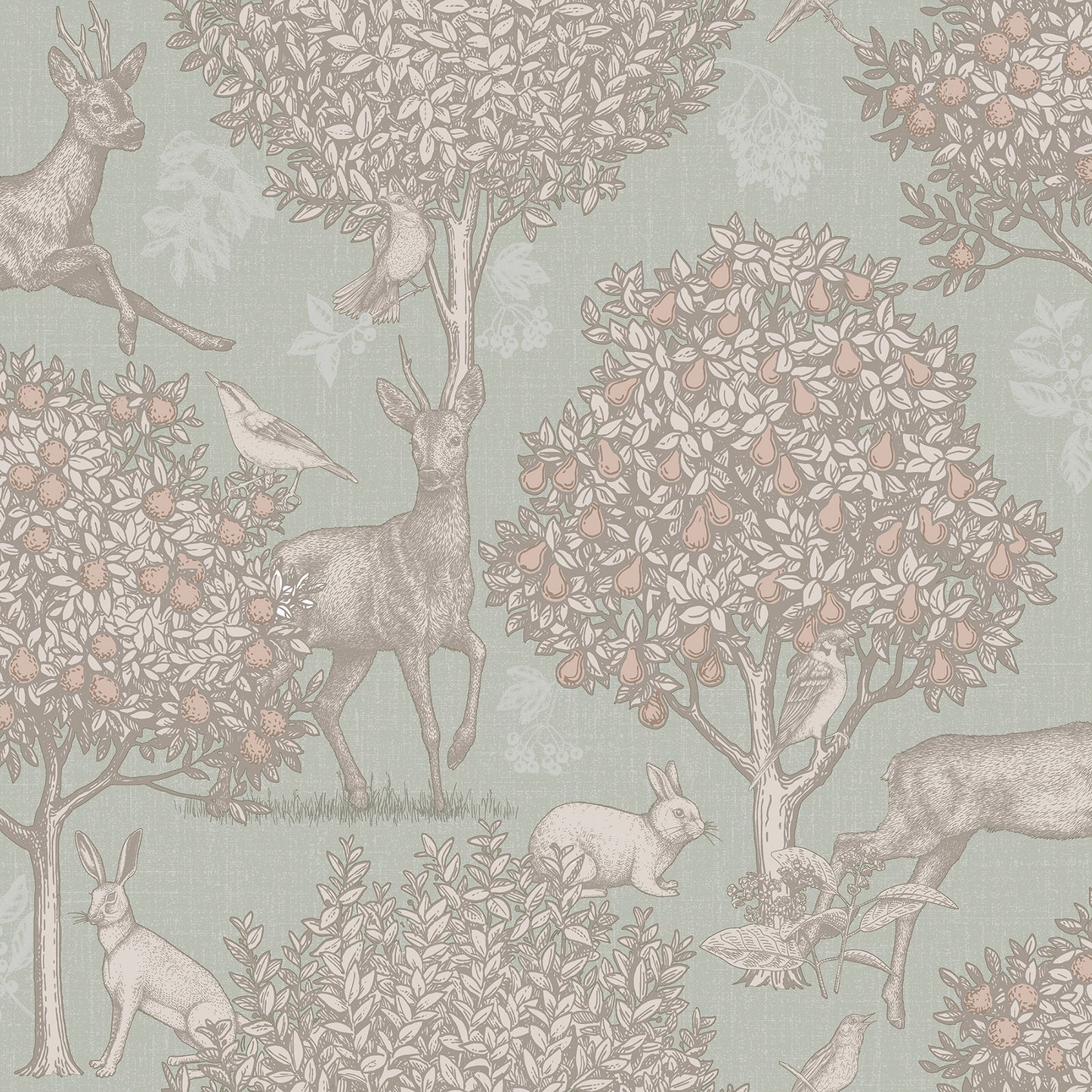 Pastel woodland wallpaper with deer, rabbits and birds among leafy trees in green tones.