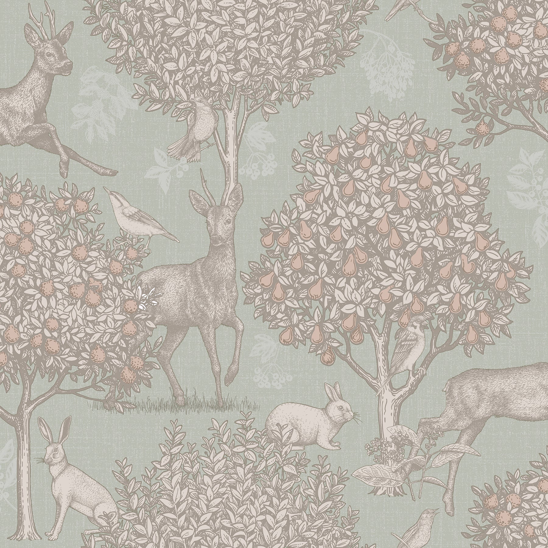 Pastel woodland wallpaper with deer, rabbits and birds among leafy trees in green tones.
