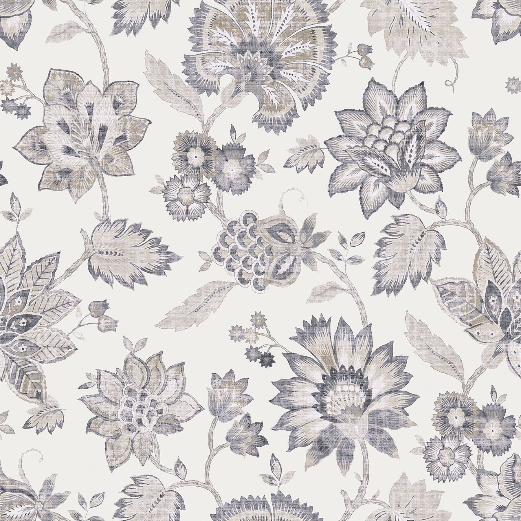 Soft denim blue floral damask pattern with large blossoms and twisting vines on a pale background.