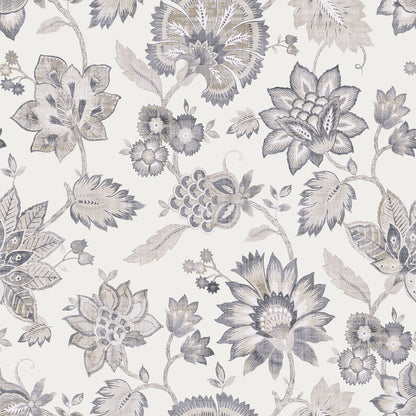 Soft denim blue floral damask pattern with large blossoms and twisting vines on a pale background.