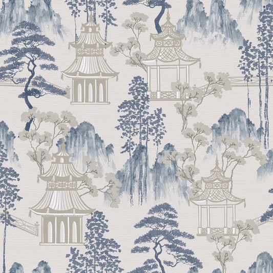 York Wallcoverings Arthouse Akio Blue Pagoda Wallpaper Global Whimsical Blue  Wallpaper - AH924803