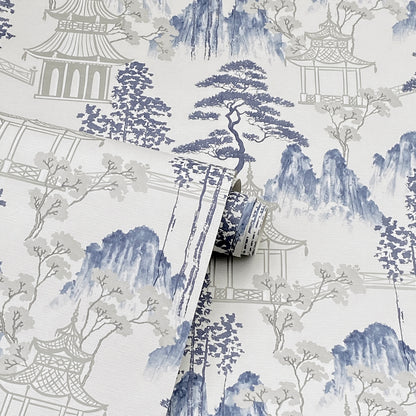 York Wallcoverings Arthouse Akio Blue Pagoda Wallpaper Global Whimsical Blue  Wallpaper - AH924803