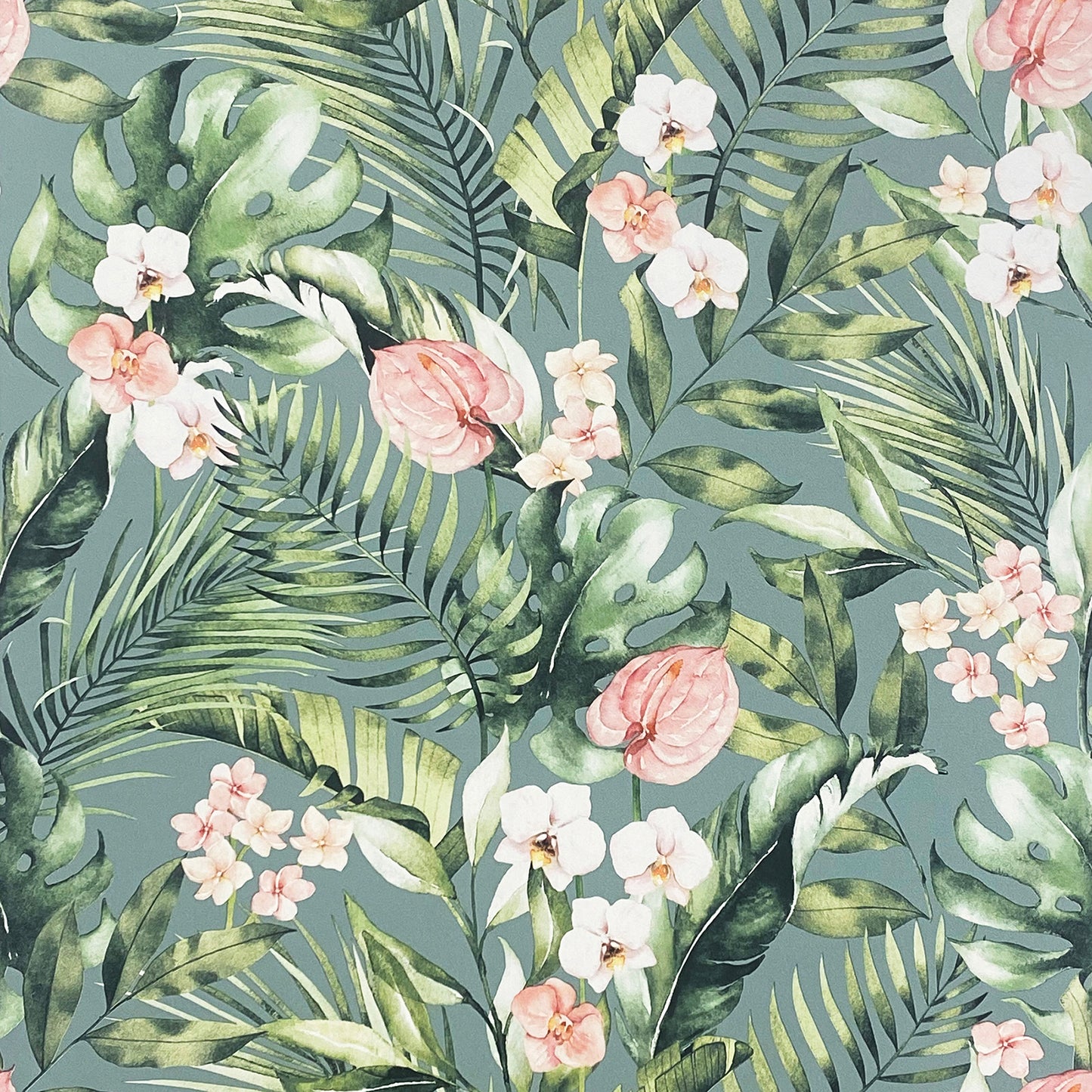 Sea-green tropical wallpaper featuring palm and monstera leaves with pink and white flowers on a muted sea-green background.