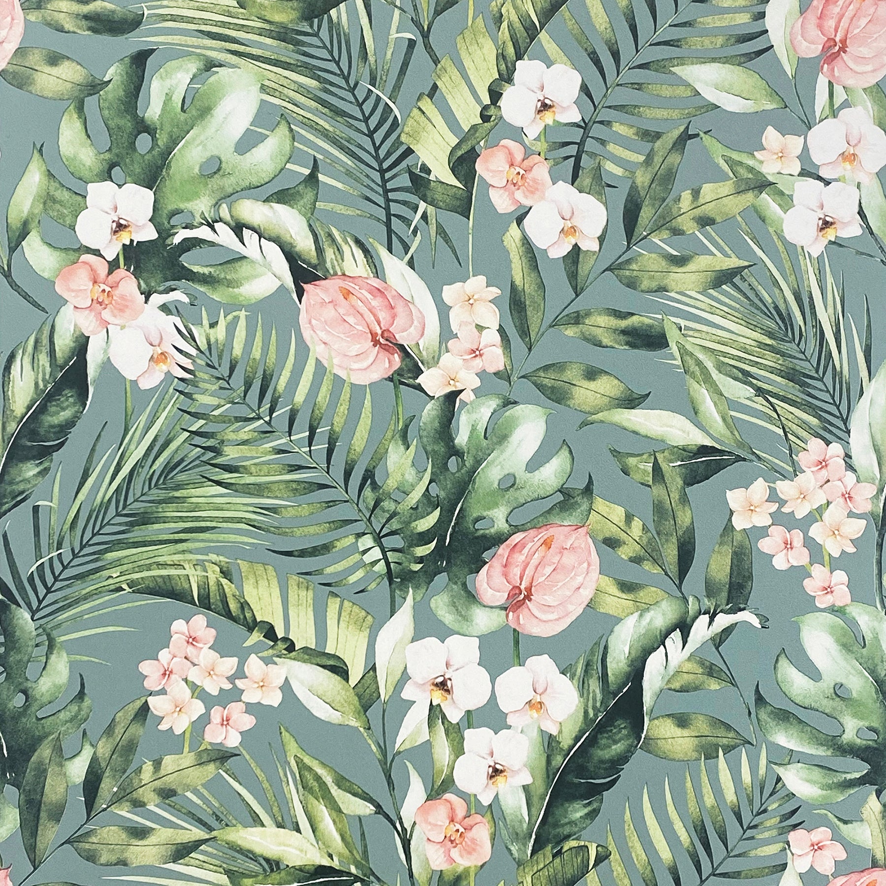 Sea-green tropical wallpaper featuring palm and monstera leaves with pink and white flowers on a muted sea-green background.
