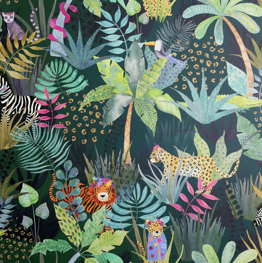 York Wallcoverings Arthouse Fonda Dark Green Jungle Party Wallpaper Fairy Tales & Fantasy Kids Dark Green  Wallpaper - AH925308