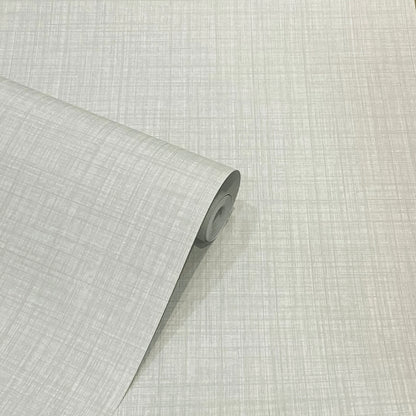 Roll of light gray wallpaper with subtle linen crosshatch texture, partially unrolled.