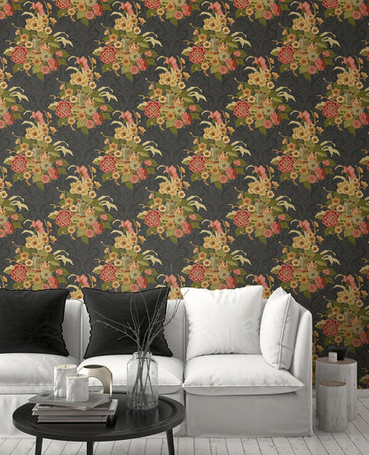Seabrook Designs Koi Dynasty Floral Floral Traditional Black Metallic  - AI40000