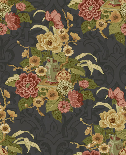 Seabrook Designs Koi Dynasty Floral Floral Traditional Black Metallic Sidewall - AI40000