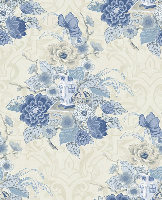 Seabrook Designs Koi Dynasty Floral Floral Traditional Blue Metallic Sidewall - AI40002