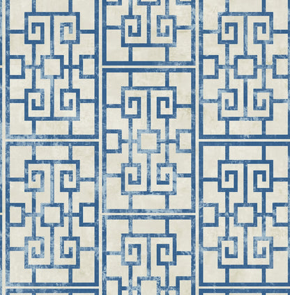 Seabrook Designs Koi Dynasty Lattice Geometric Traditional Blue Metallic  - AI40202
