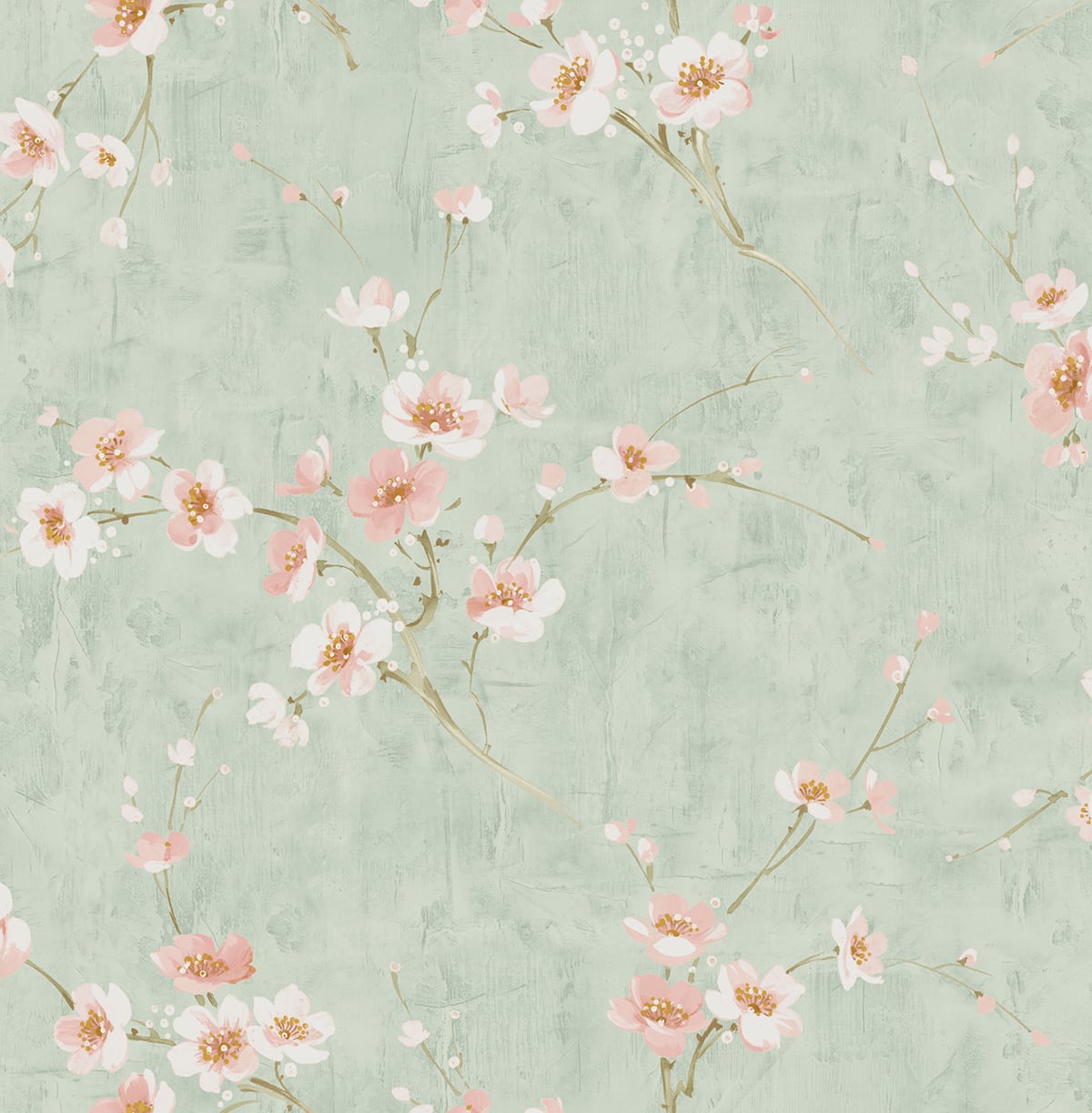 Seabrook Designs Koi Silk Road Dogwood Floral Traditional Green Metallic Sidewall - AI41604