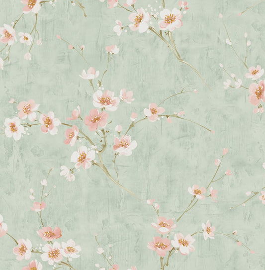 Seabrook Designs Koi Silk Road Dogwood Floral Traditional Green Metallic Sidewall - AI41604