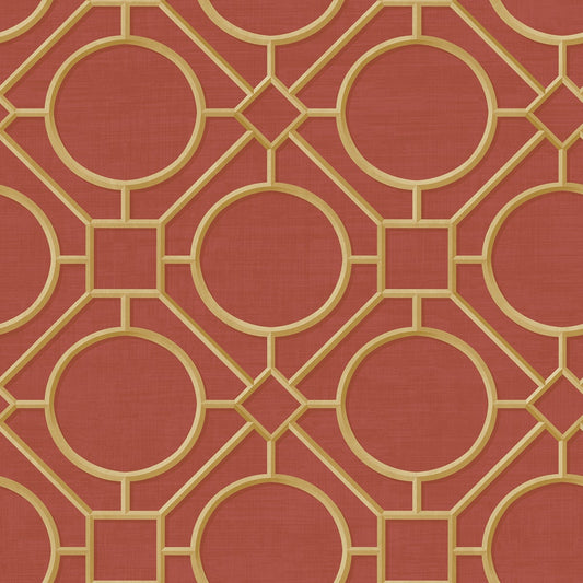 Seabrook Designs Koi Silk Road Trellis Geometric Traditional Red Metallic Sidewall - AI42408