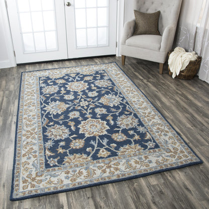 Blue traditional 8×10 wool area rug with floral & border pattern, hand-crafted from New Zealand wool, ideal for living room, bedroom, and dining room décor – classic, timeless style for home interiors