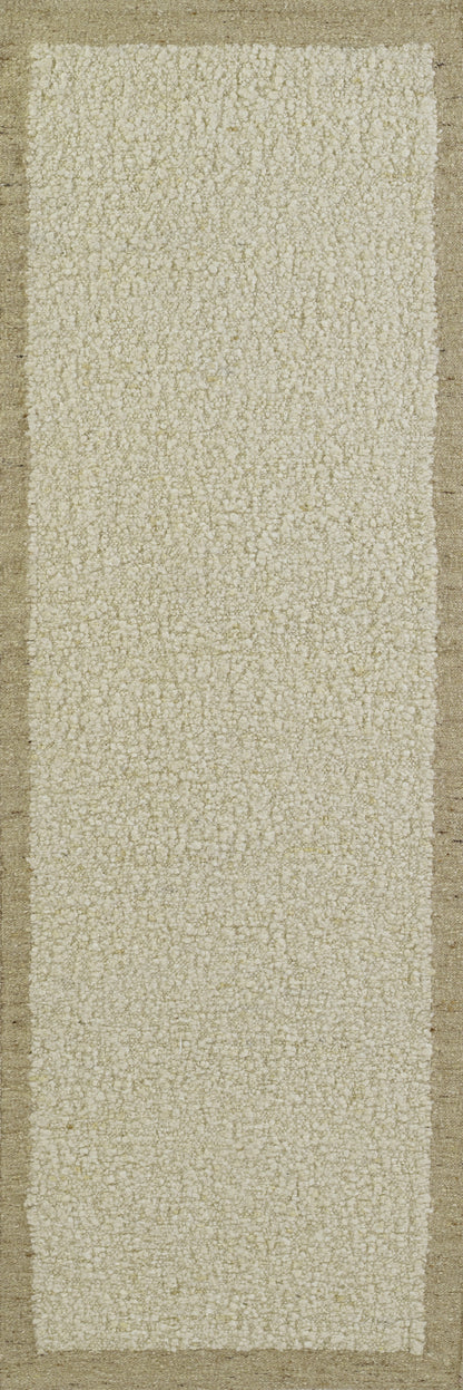 Ivory beige shag rug swatch with plush central field framed by tan border