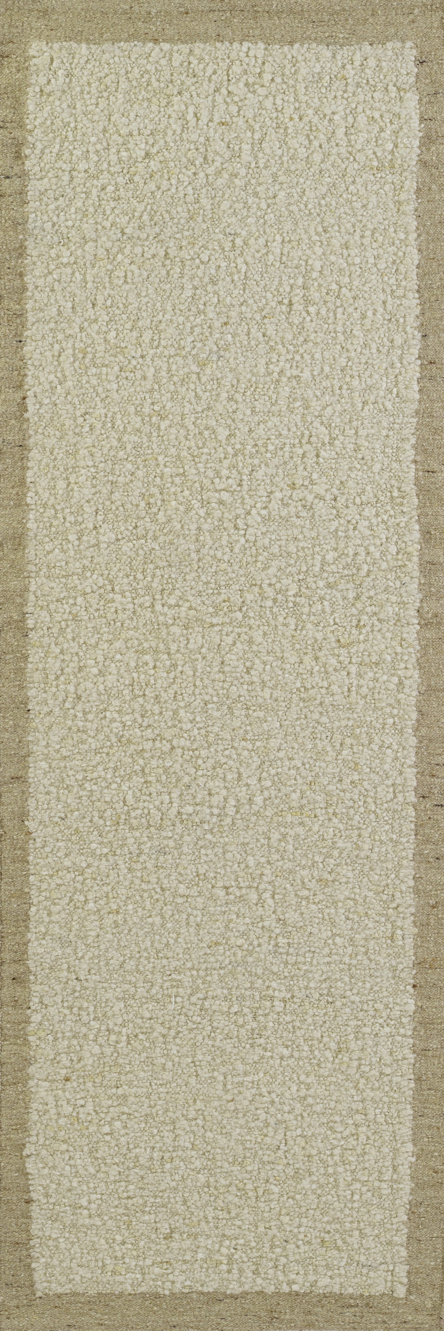 Textured beige area rug with ivory center panel and taupe border, woven boucle style.