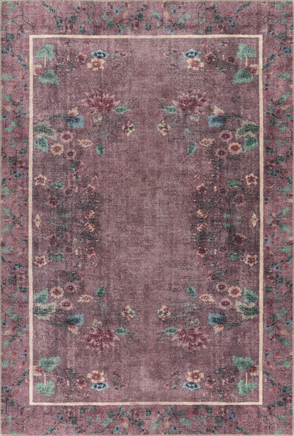 Purple floral area rug with a pale pink border and vine border, vintage distressed look; rectangular decorative rug.