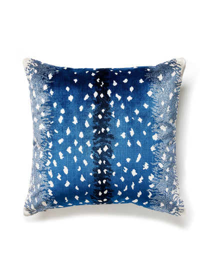Ombre animal-skin inspired square pillow in midnight blue tones with a white speckle pattern and a central dark stripe, plush velvet-look pillow.