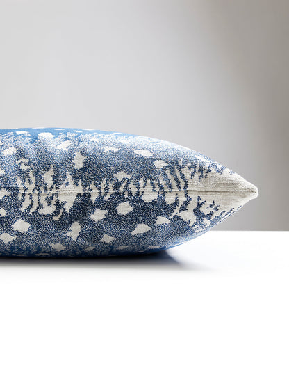 22-inch Scalamandré Antelope Midnight designer throw pillow with ombré animal print pattern in rich midnight blue tones. Luxury decorative accent pillow handcrafted in the USA with textured fabric and feather down insert for upscale living rooms, modern glam interiors, designer sofas, and luxury home decor.
