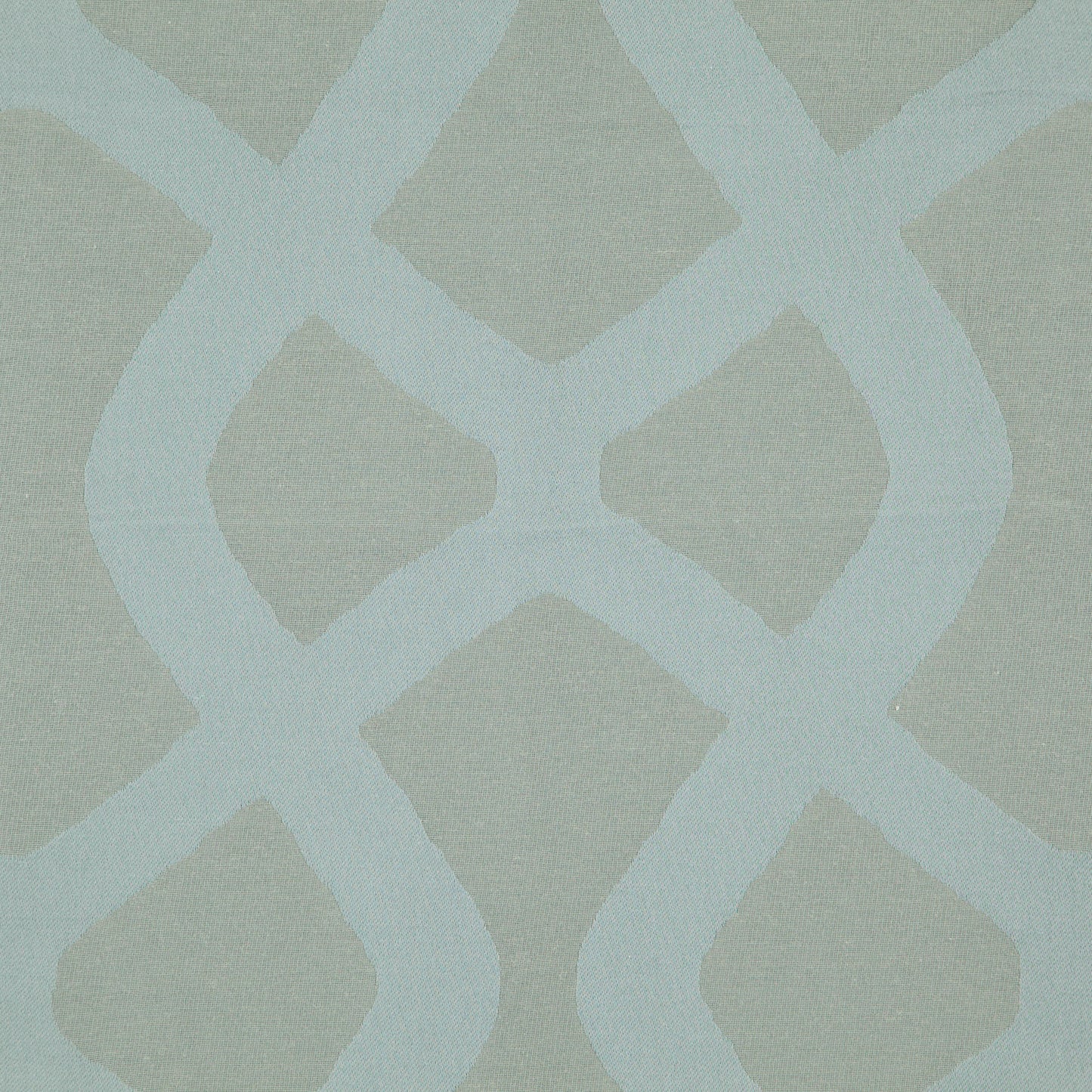 Beige fabric with pale blue interlocking lattice geometric pattern; soft-textured jacquard weave.