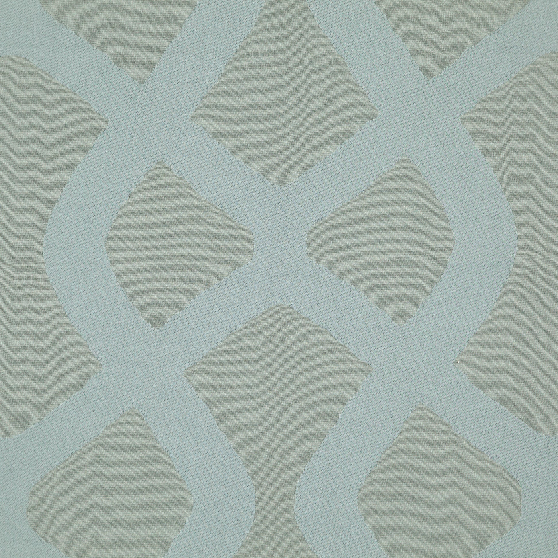 Beige fabric with pale blue interlocking lattice geometric pattern; soft-textured jacquard weave.