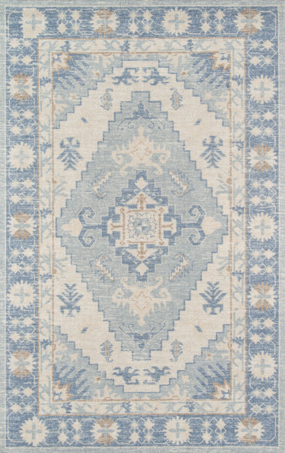 Blue and ivory geometric area rug with a diamond central medallion, stepped borders and floral border pattern.