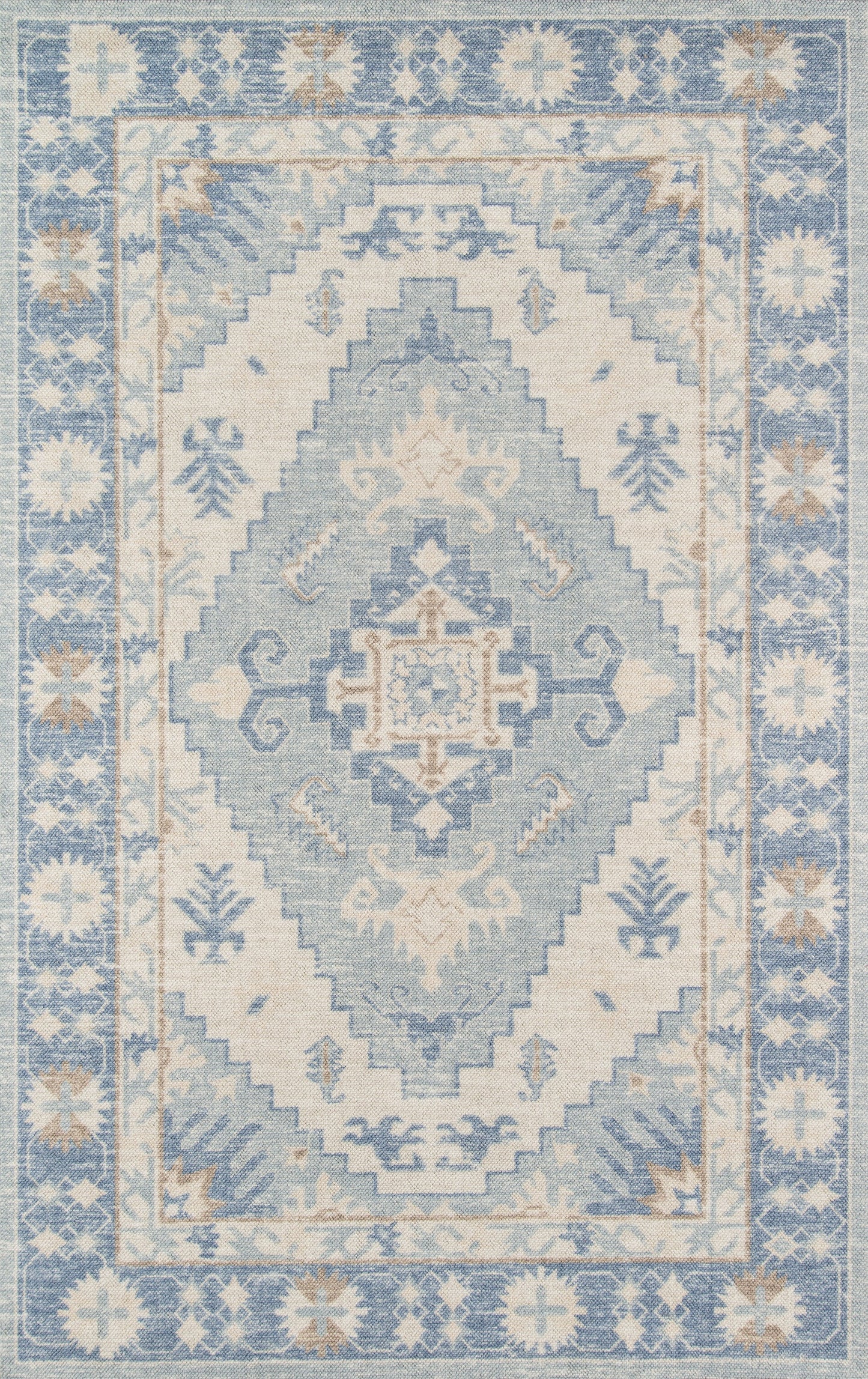Blue and ivory geometric oriental rug with a central diamond medallion and ornate border.