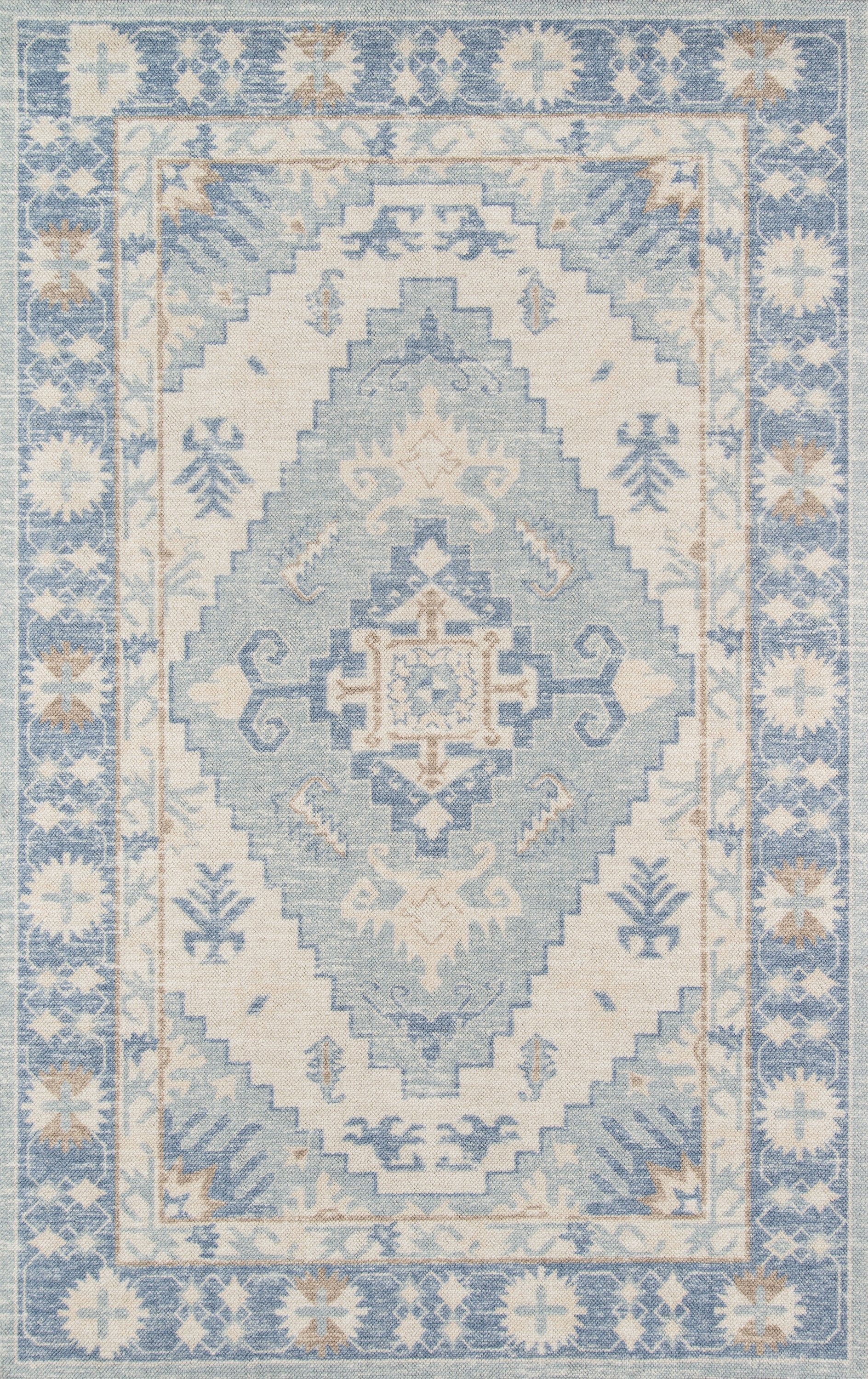 Blue and ivory geometric oriental rug with a central diamond medallion and ornate border.