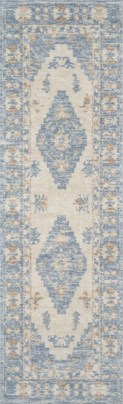 Blue and ivory runner rug with repeated medallions and floral border; traditional oriental style, hallway decor.