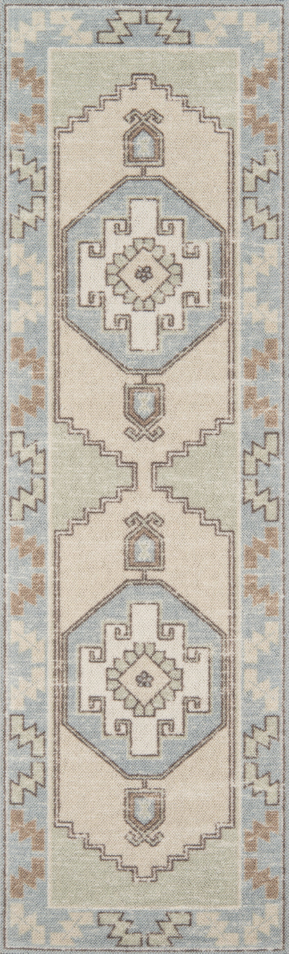 Anatolian-inspired runner rug with beige base, light blue taupe geometric medallions and stepped borders for hallway use