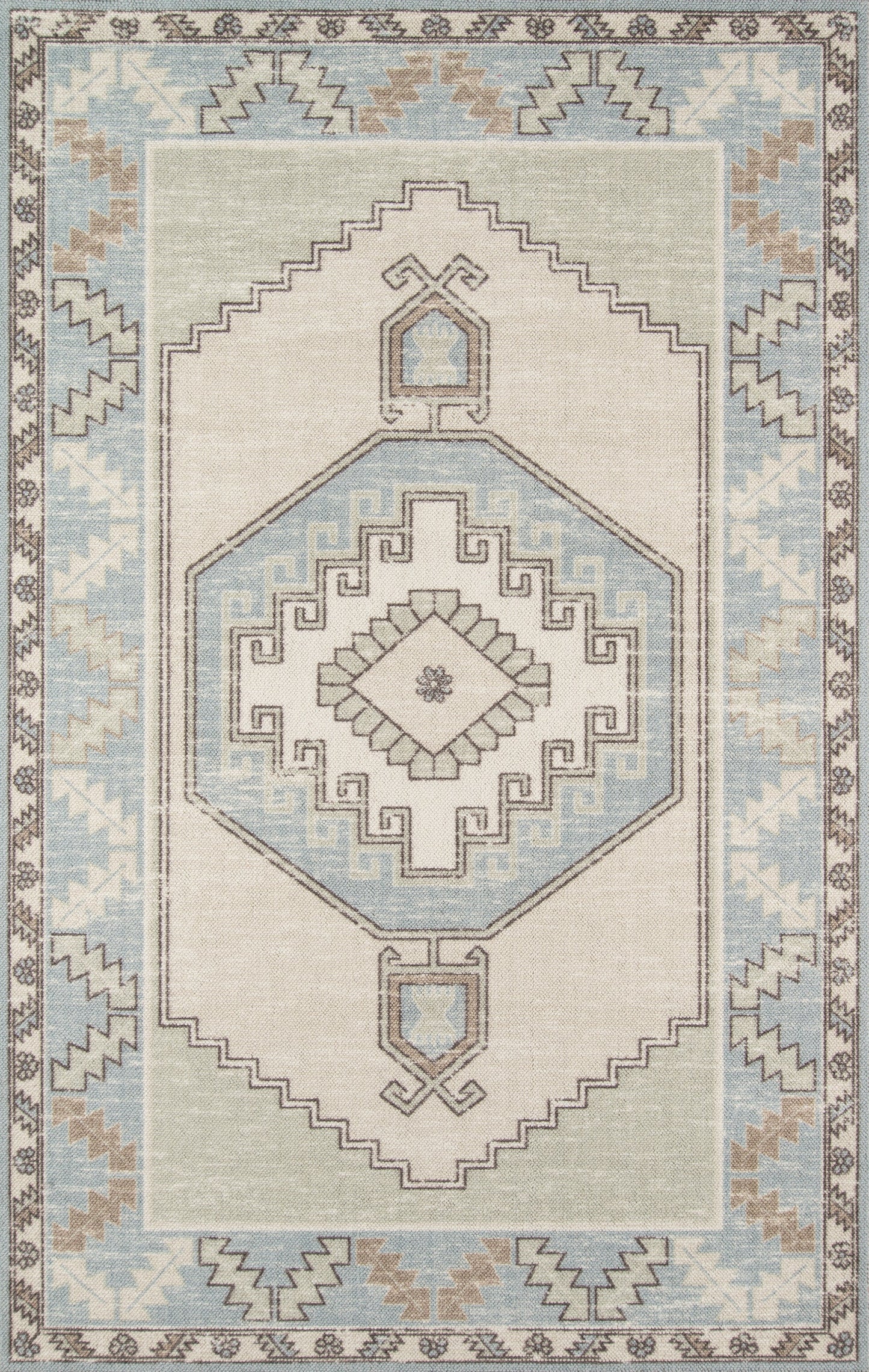 Soft blue and beige oriental rug with a central octagonal medallion, geometric patterns, and stepped border.