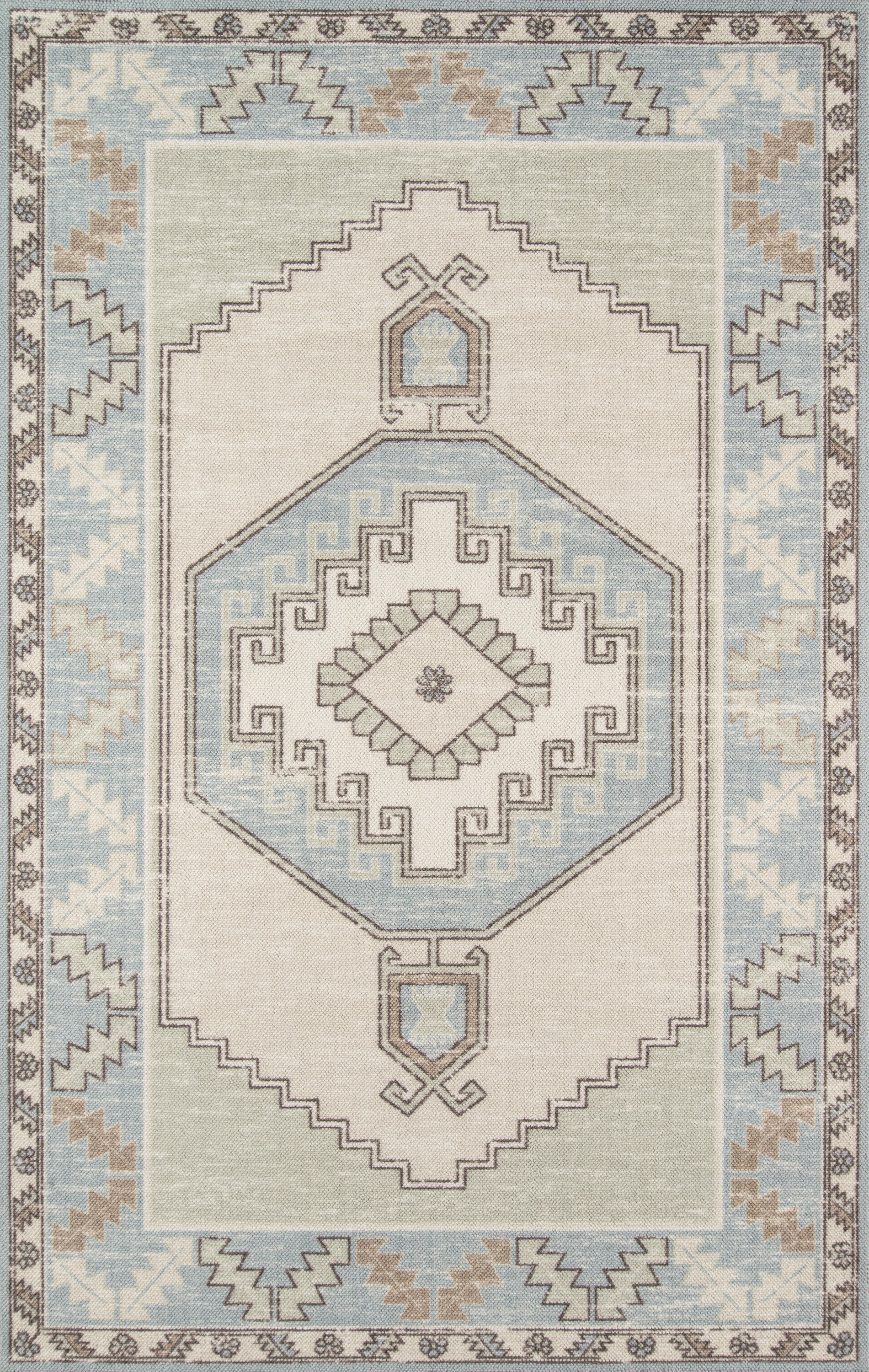 Soft blue and beige oriental rug with a central octagonal medallion, geometric patterns, and stepped border.