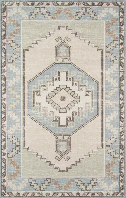 Soft blue and beige oriental rug with a central octagonal medallion, geometric patterns, and stepped border.