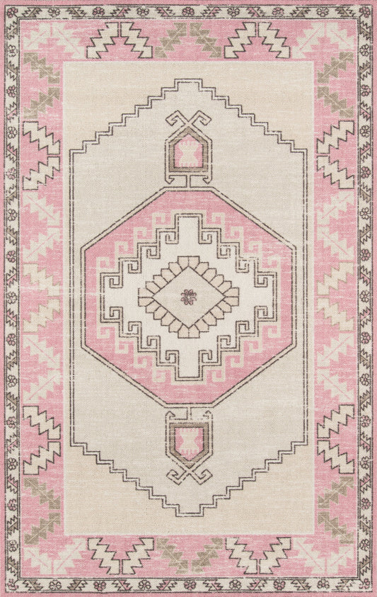Pink and beige boho-style area rug with central geometric medallion and stepped borders.