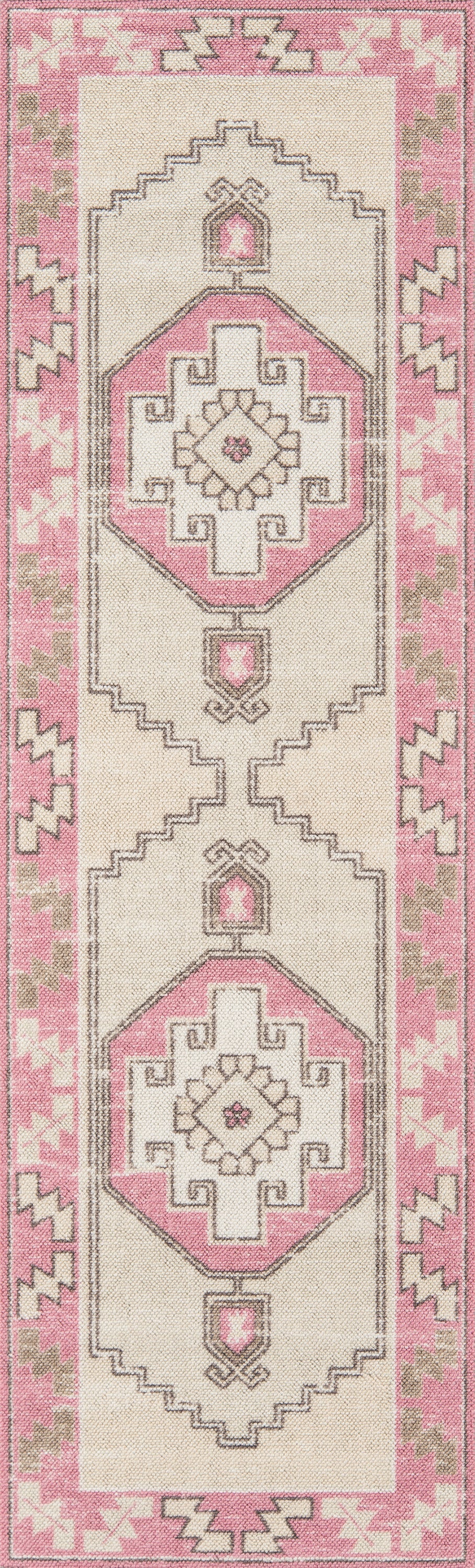 Pink & ivory woven runner rug with geometric border & diamond medallions, decorative floor accent.