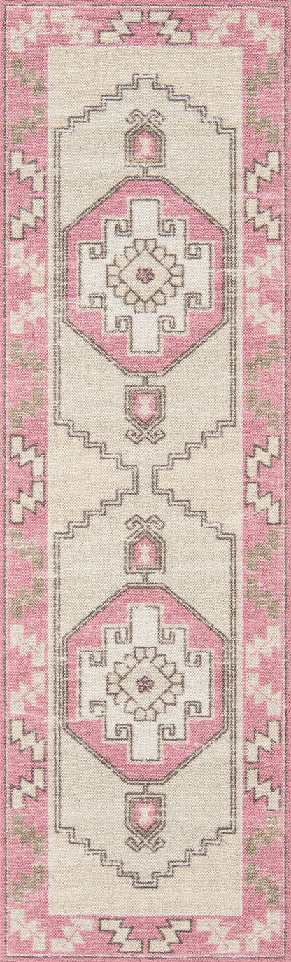 Pink & ivory woven runner rug with geometric border & diamond medallions, decorative floor accent.