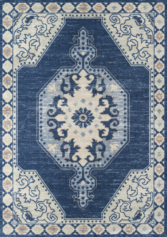 Navy blue and ivory oriental-style area rug with a central medallion and decorative floral border.