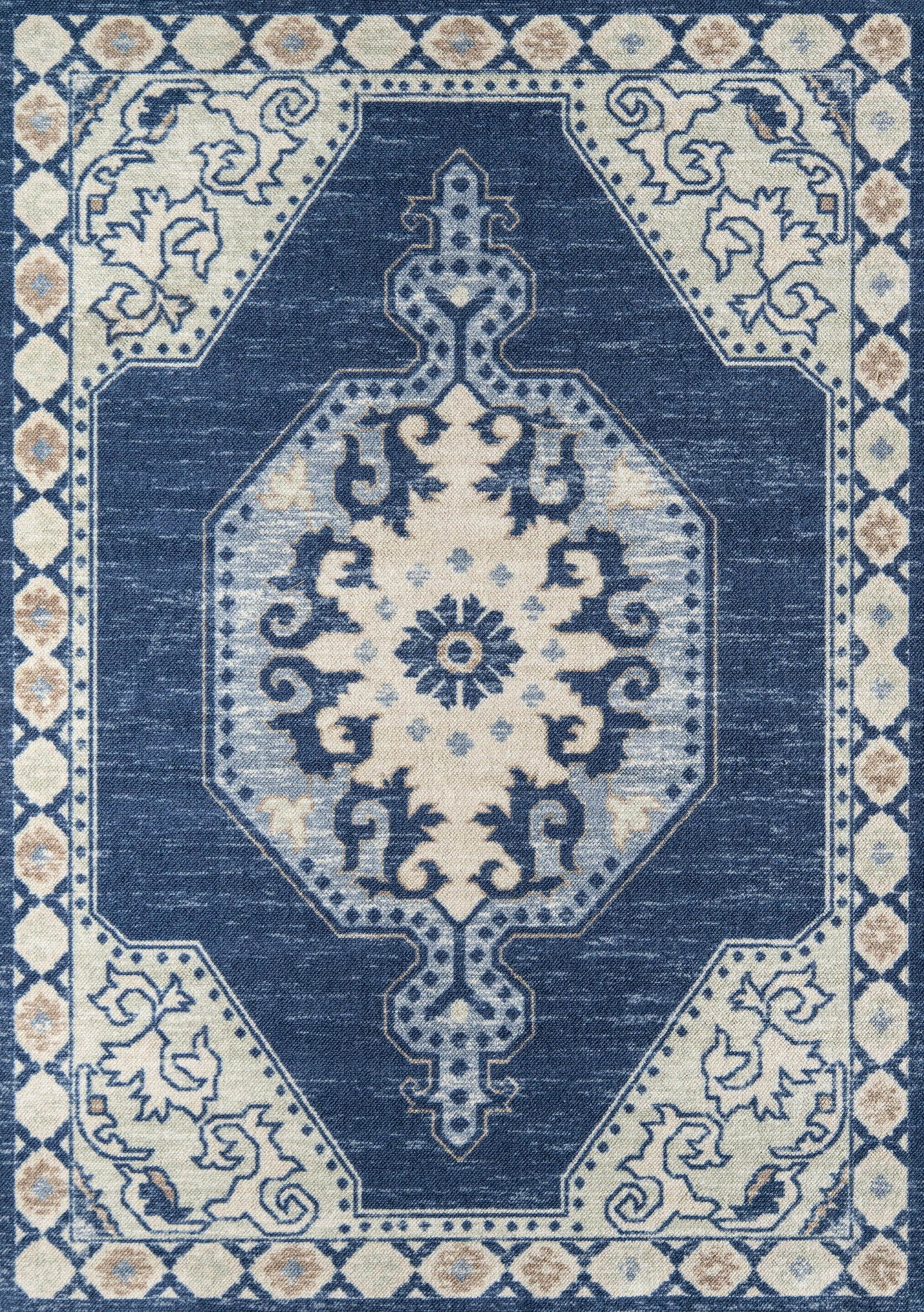 Navy blue oriental area rug (5' x 8') with ivory central medallion, pale blue scrollwork, and cream border.