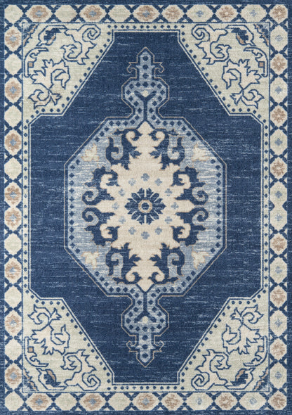 Rectangular blue and ivory oriental runner rug with a central medallion and ornate border patterns.