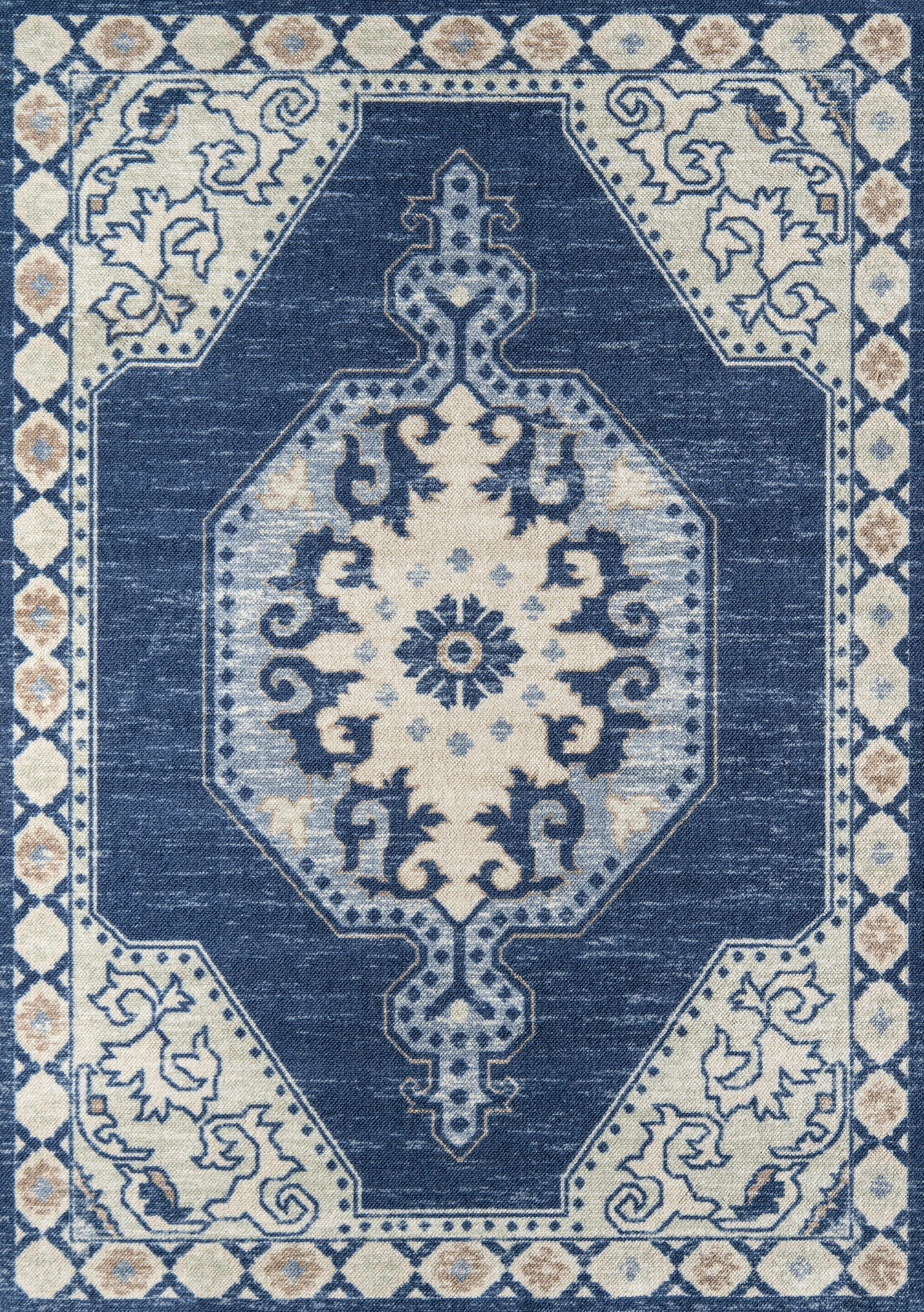 Navy blue and ivory oriental area rug with central pale medallion, scrolling floral arabesques, and decorative border.