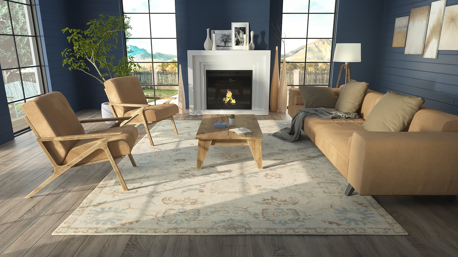 Modern living room with blue walls, tan leather chairs, beige sofa, wooden coffee table, fireplace, plant, and patterned rug.