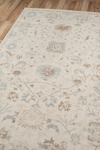 Beige rectangular area rug with pale blue & brown floral/oriental motifs; woven textile, traditional living-room rug.