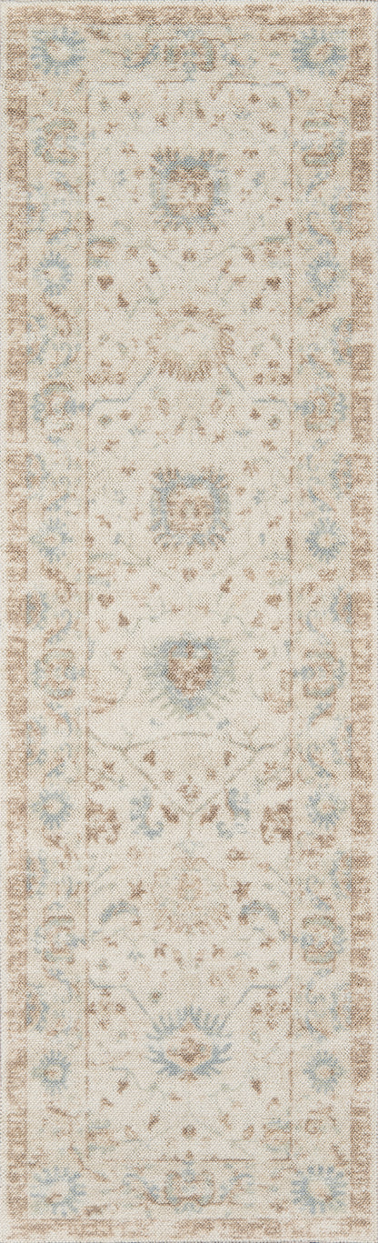 Long beige runner rug with pale blue floral motifs on ivory field and brown border; Persian-inspired hallway decor.