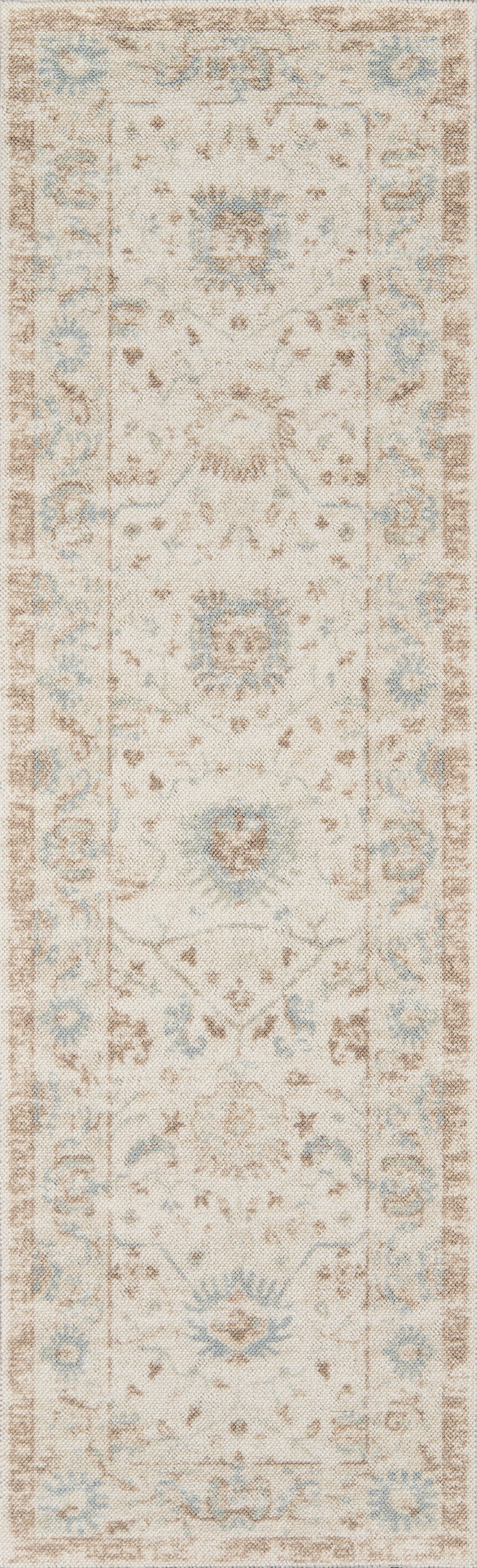 Slim beige runner rug with light blue floral medallions & brown border, vintage style, ideal hallway or entryway decor.