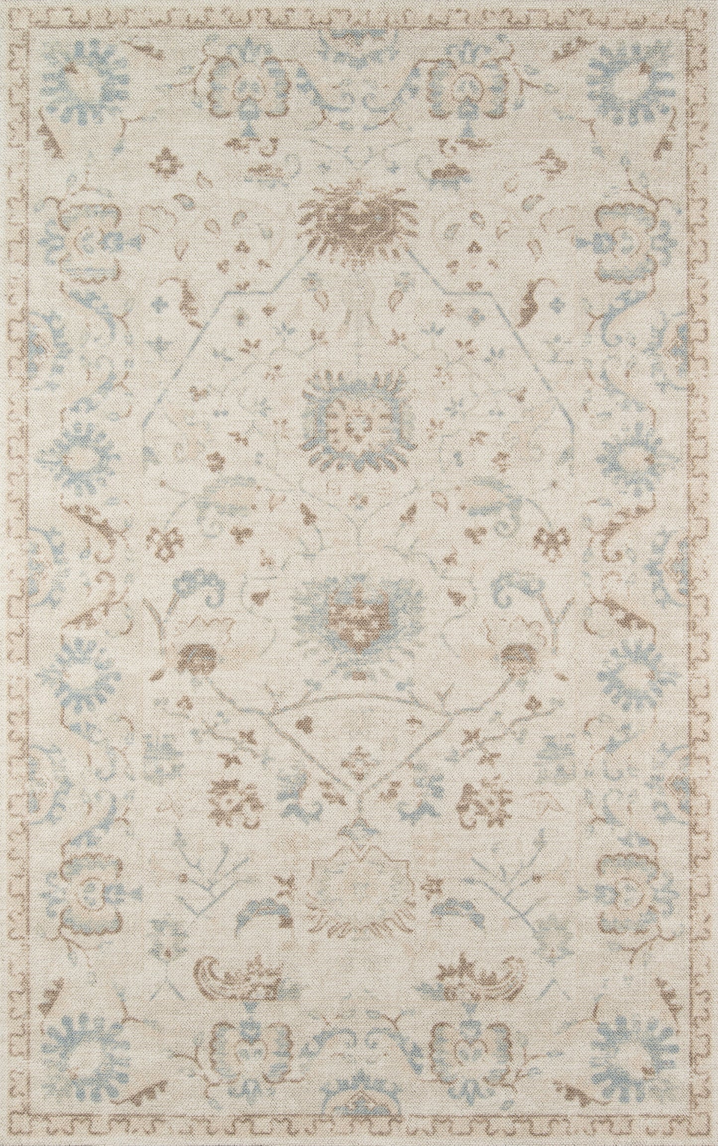 Ivory area rug with pale blue and taupe floral medallions and an ornate border in a vintage oriental style.