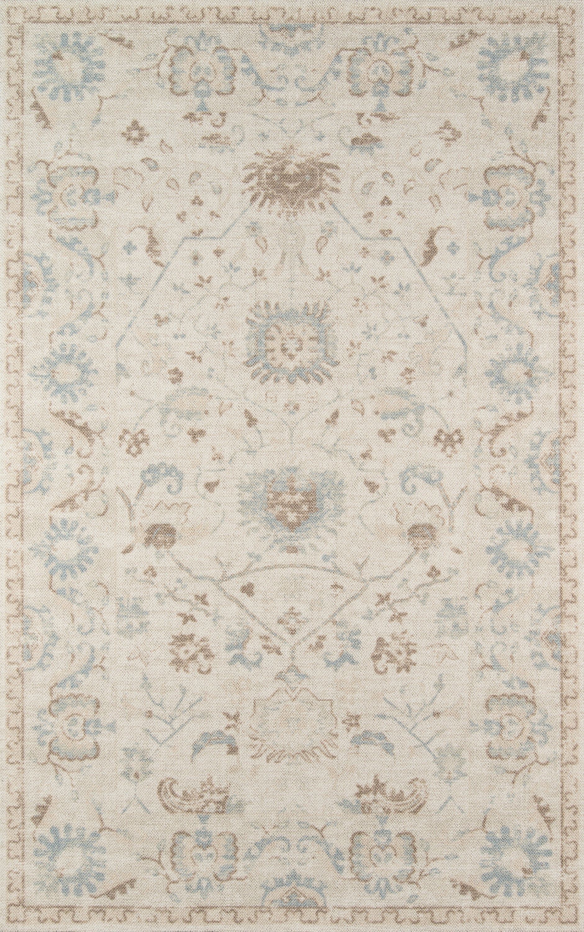 Ivory area rug with pale blue and taupe floral medallions and an ornate border in a vintage oriental style.