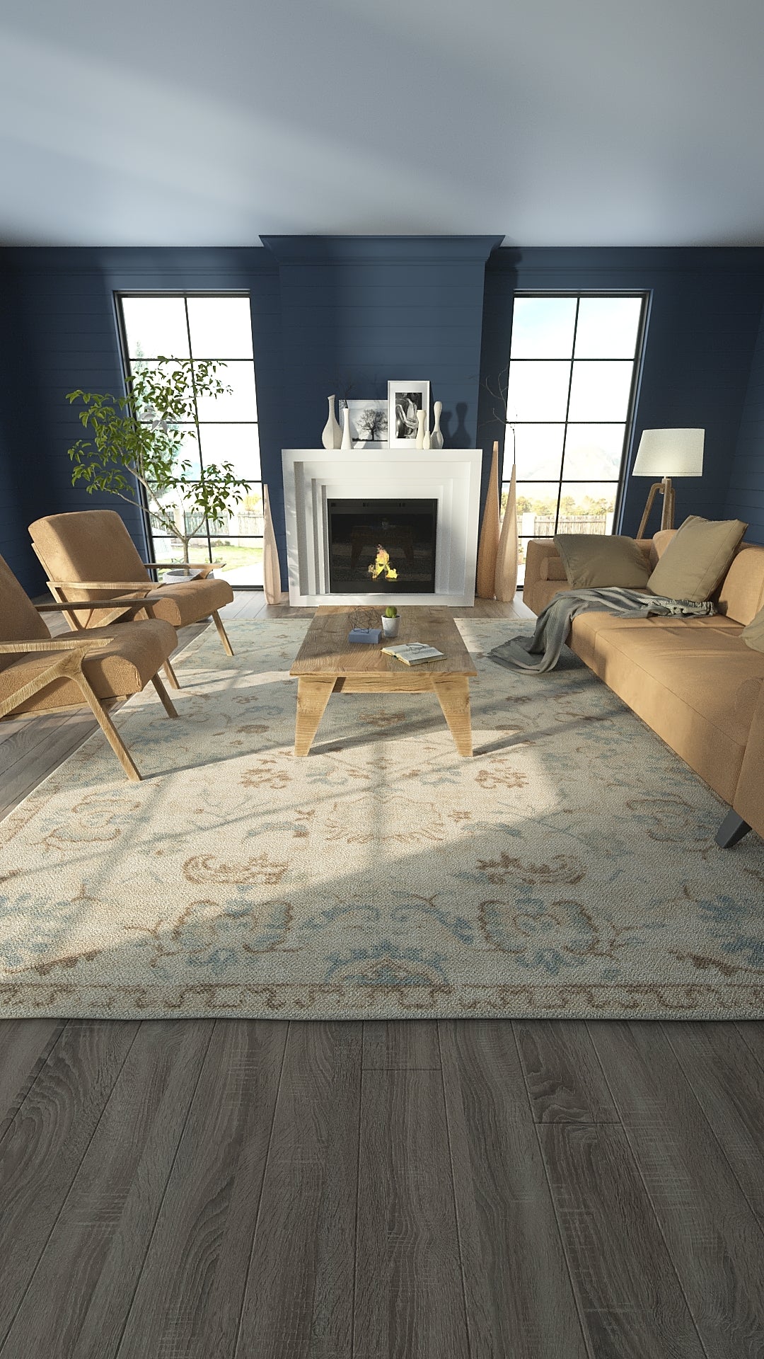 Cozy living room with navy walls, white fireplace mantel, light wood coffee table, beige sofa and chairs, blue patterned rug.